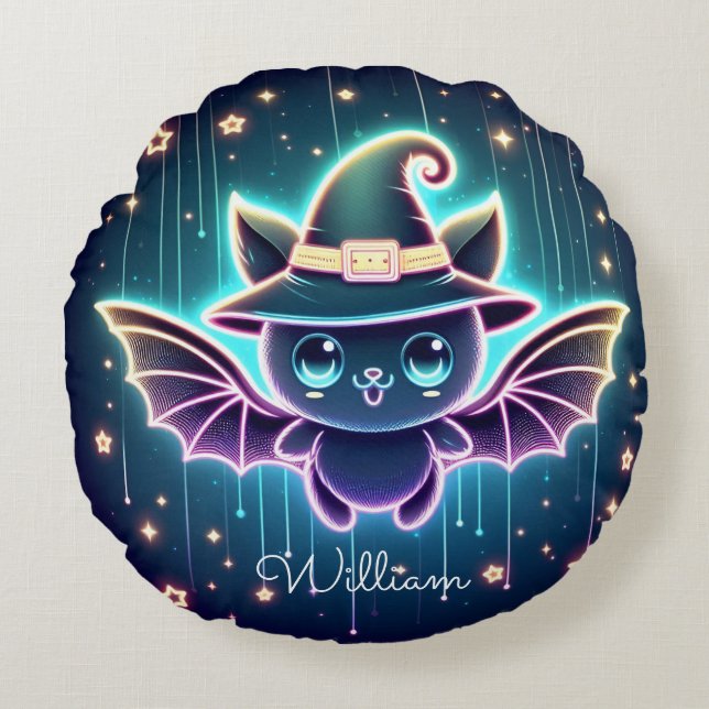 Anpassningsbar Cute Halloween Fladdermus med Witch Rund Kudde (Framsidan)