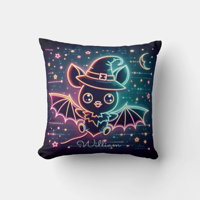 Anpassningsbar Cute Halloween Fladdermus Witch Hat Kudde (Framsida)