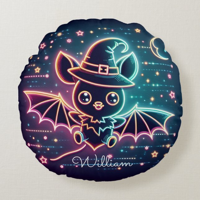 Anpassningsbar Cute Halloween Fladdermus Witch Hat Rund Kudde (Framsidan)