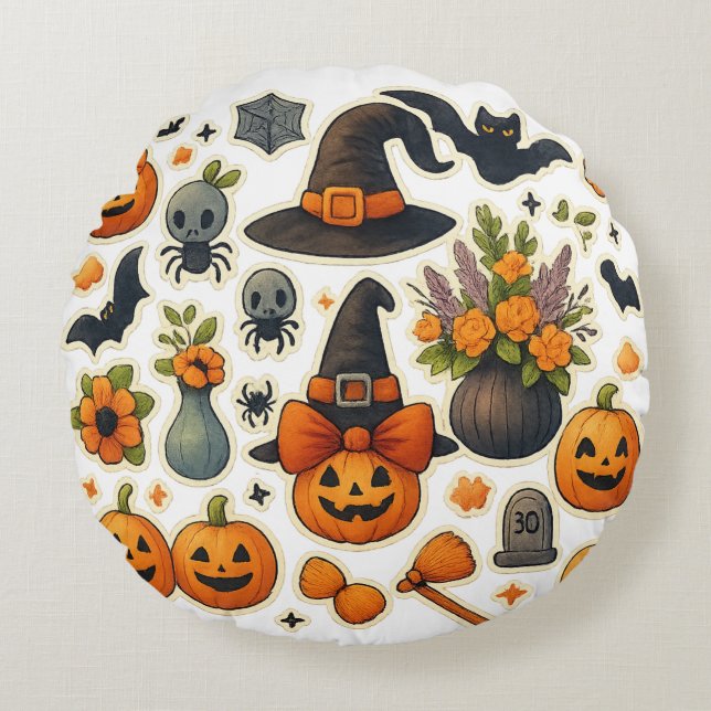 Anpassningsbar Cute Halloween Mönster Round Pillow Rund Kudde (Framsidan)
