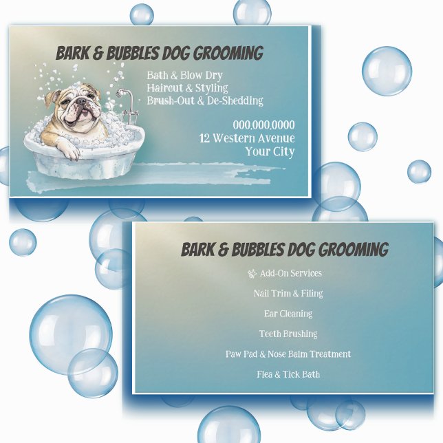 Anpassningsbar Cute Hund Pet Grooming Visitkort (Cute dog grooming business card with bubbly bath illustration – perfect for pet salons & groomers.)
