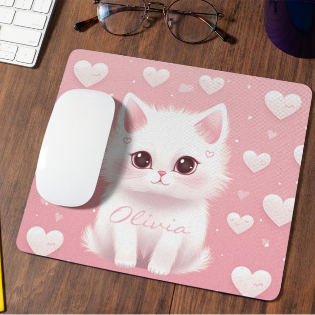 Anpassningsbar Cute Kitten Valentindagen Vit Rosa Musmatta (Skapare uppladdad)