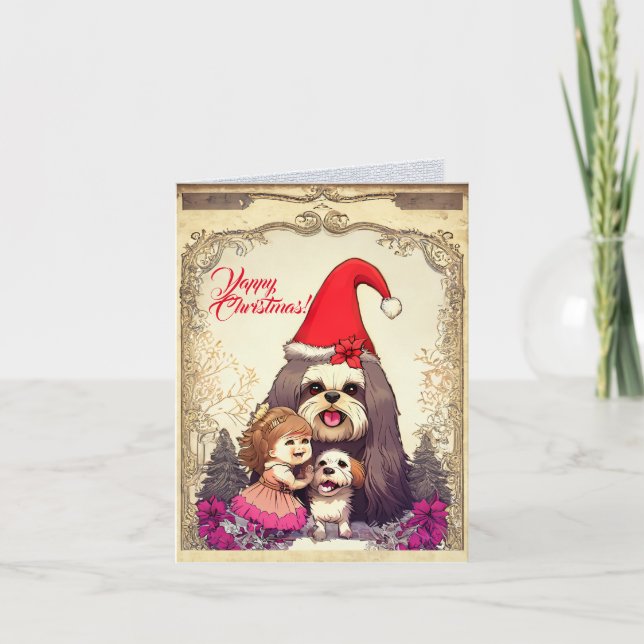 Anpassningsbar Cute Lhasa Apsa Hund med Little Gir Kort (Framsida)