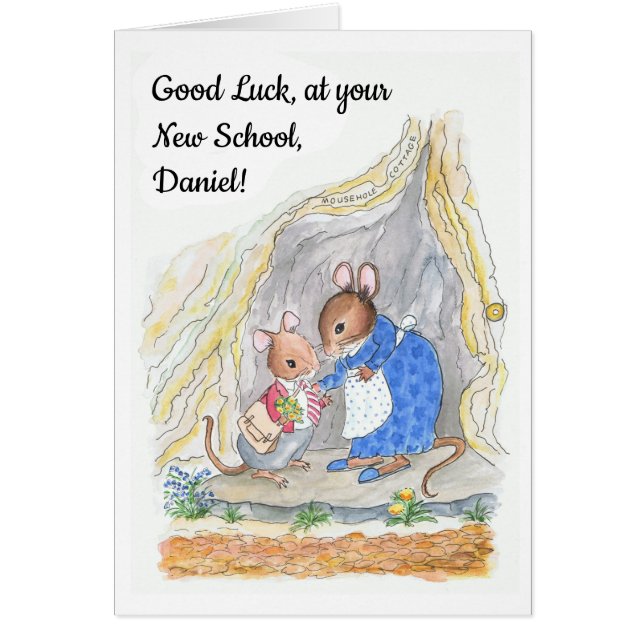 Anpassningsbar Cute Mouse Lycka till New School Hälsningskort (Framsidan)