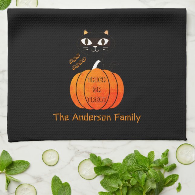 Anpassningsbar Cute Orange Black Cat & Pumpkin Hal Kökshandduk (Vikta)