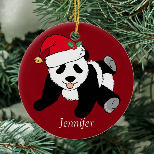 Anpassningsbar Cute Panda Bear Kids Red Julgransprydnad Keramik (Skapare uppladdad)