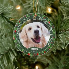 Anpassningsbar Cute Pet Photo 1:a jul på Holly Ber Julgransprydnad Keramik
