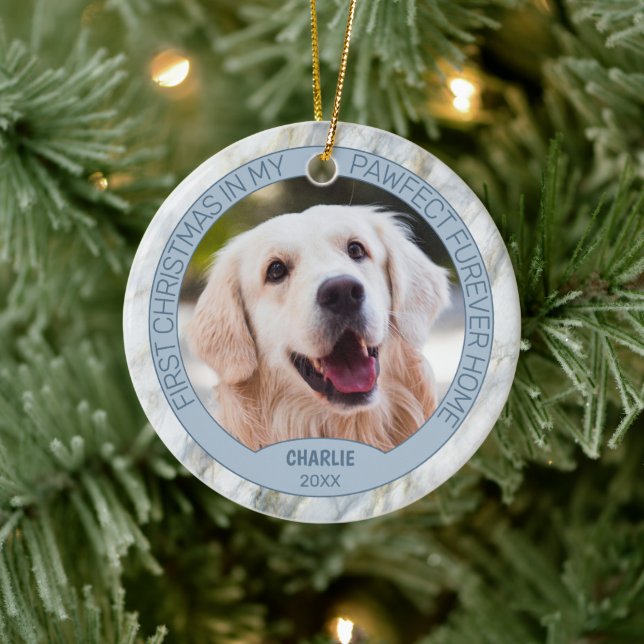 Anpassningsbar Cute Puppy Photo on Chic Grått Blue Julgransprydnad Keramik (Träd)