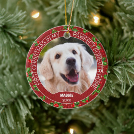 Anpassningsbar Cute Puppy Photo on Grönt Holly Red Julgransprydnad Keramik