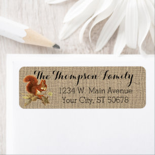 Anpassningsbar Cute Red Brown Squirrel Faux Jute B Returadress Etikett