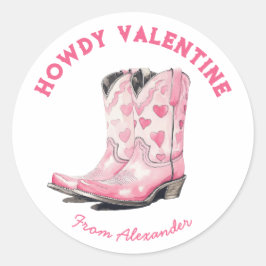 Anpassningsbar Cute Rosa Cowboy Boot Howdy Valenti Runt Klistermärke
