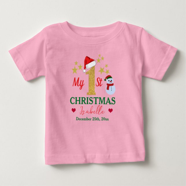 Anpassningsbar Cute Rosa Min första julklapp Julto T Shirt (Framsida)