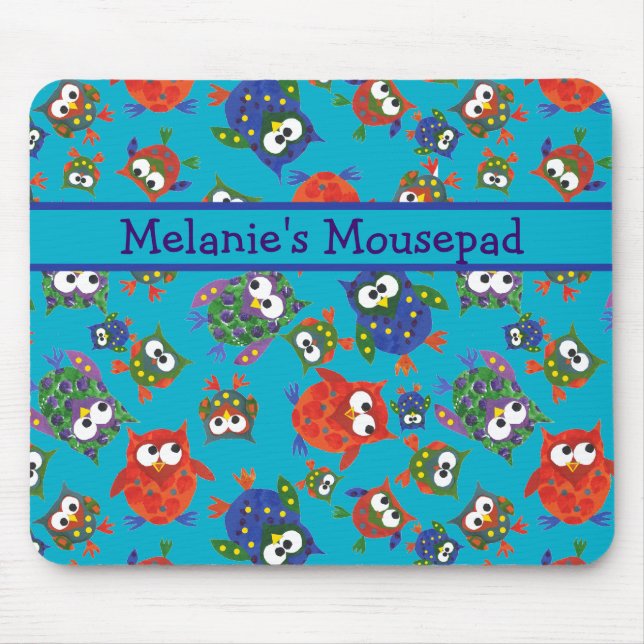 Anpassningsbar Cute Uggla Mousepad, Turquise Blue Musmatta (Framsidan)