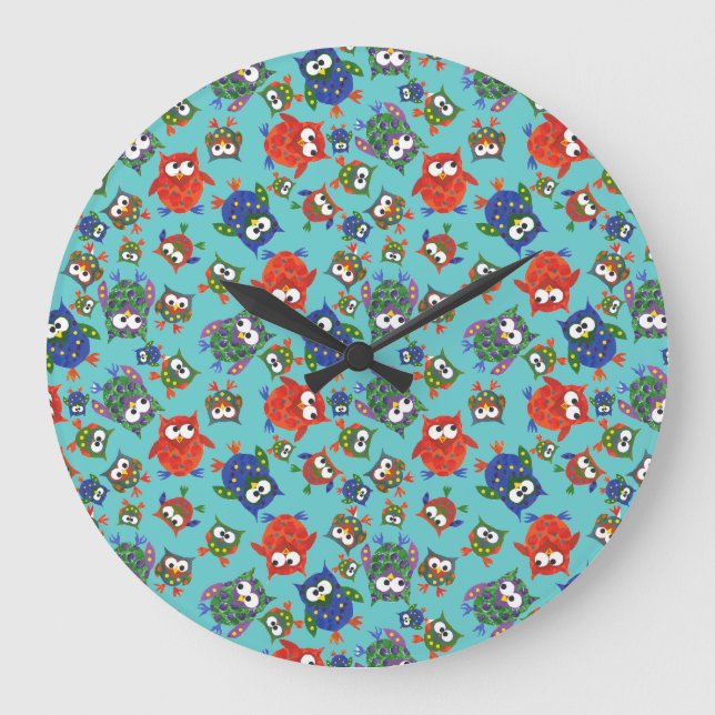 Anpassningsbar Cute Uggla Round Wall Clock: Red Bl Stor Klocka (Framsida)