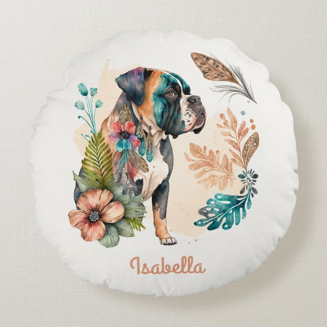 Anpassningsbar Cute Watercolor Blommigt Boho Bulld Rund Kudde (Framsidan)