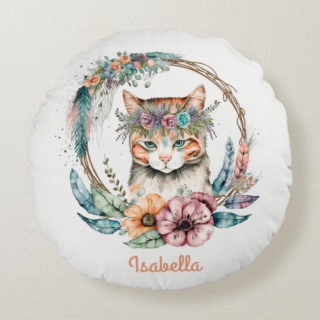 Anpassningsbar Cute Watercolor Blommigt Boho Cat Rund Kudde (Framsidan)