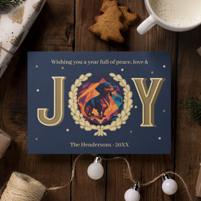 Anpassningsbar Dachshund Hund marinen Guld Joy Jul Julkort (Custom Dachshund Dog Navy Gold Joy Christmas Holiday Card
)