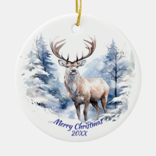 Anpassningsbar Dag Stag Hjort Winter Snö Forest An Julgransprydnad Keramik