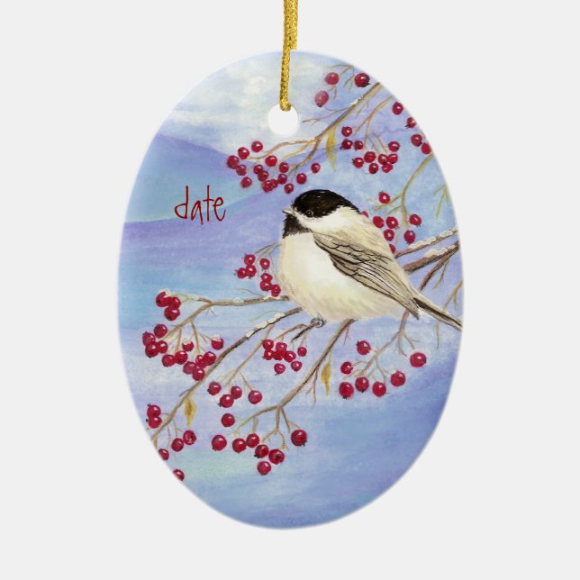 Anpassningsbar Dagen jul Chickadee Bird & Berries Julgransprydnad Keramik (Framsidan)