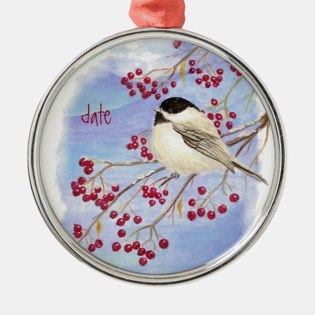 Anpassningsbar Dagen jul Chickadee Bird & Berries Julgransprydnad Metall (Framsidan)
