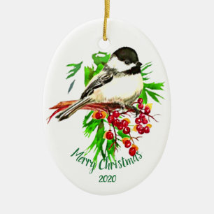 Anpassningsbar Dagen jul Chickadee Bird Red Berrie Julgransprydnad Keramik