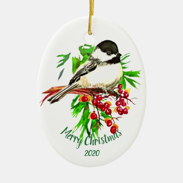 Anpassningsbar Dagen jul Chickadee Bird Red Berrie Julgransprydnad Keramik (Framsidan)