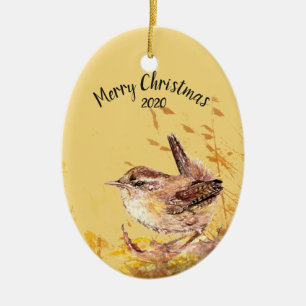 Anpassningsbar Dagen jul House Wren Bird Watercolo Julgransprydnad Keramik