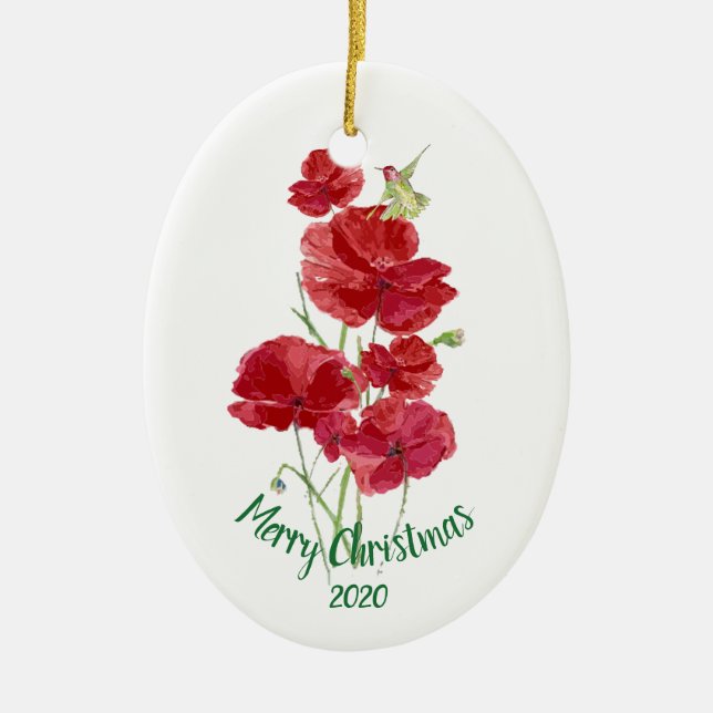 Anpassningsbar Dagen jul Hummingbird Red Poppies Julgransprydnad Keramik (Framsidan)