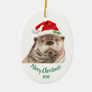 Anpassningsbar Dagen jul Roligt Otter Santa Hat An Julgransprydnad Keramik