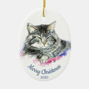 Anpassningsbar Dagen jul, vattenfärg Tabby katt Julgransprydnad Keramik