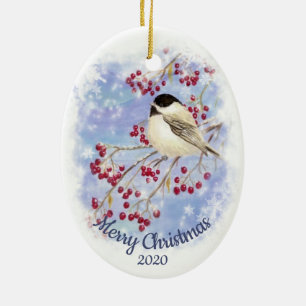 Anpassningsbar Dagen jul Watercolor Winter Chickad Julgransprydnad Keramik