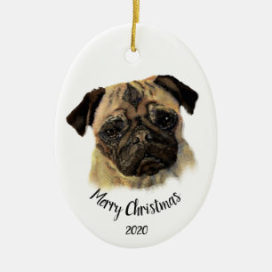 Anpassningsbar Dagen julpet med vattenfärg på Pug Julgransprydnad Keramik