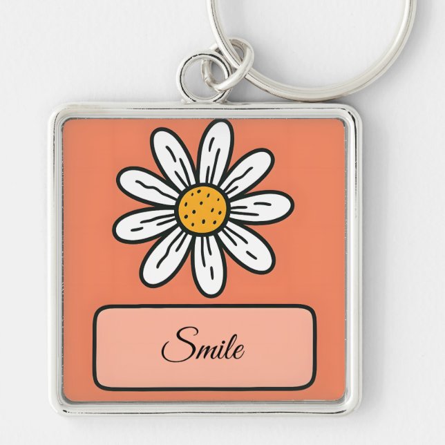 Anpassningsbar Daisy Keychain Cute Hand plockade F Fyrkantig Silverfärgad Nyckelring (Framsidan)