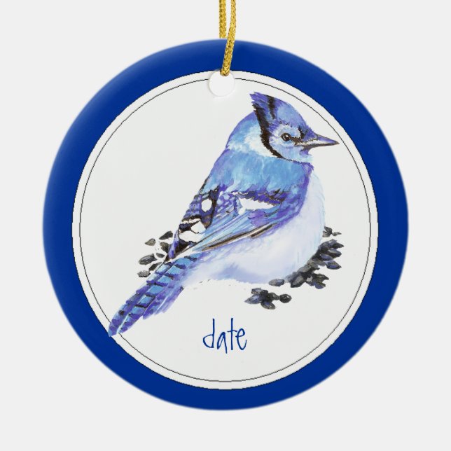 Anpassningsbar Dated Blue Jay Bird Animal Julgransprydnad Keramik (Framsidan)