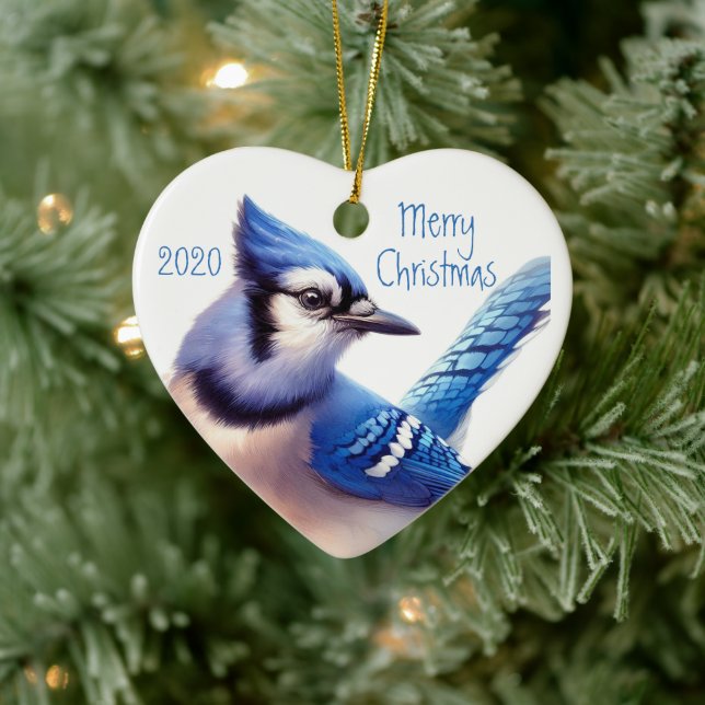 Anpassningsbar Dated Blue Jay Bird Watercolor Art Julgransprydnad Keramik (Träd)