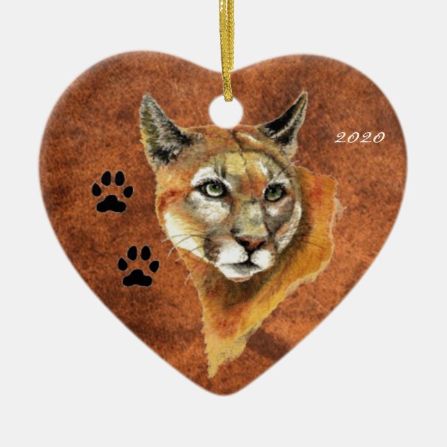 Anpassningsbar, Dated Cougar, Puma, Mountain Lejon Julgransprydnad Keramik (Framsidan)
