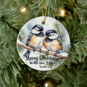 Anpassningsbar Dated Cute Chickadee BirdsOne I Kär Julgransprydnad Keramik