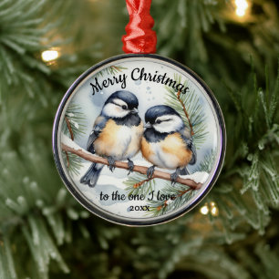 Anpassningsbar Dated Cute Chickadee BirdsOne I Kär Julgransprydnad Metall