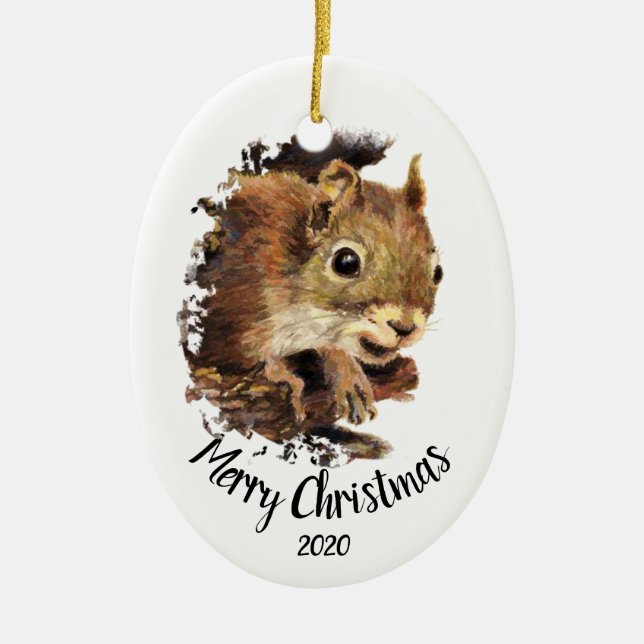 Anpassningsbar Dated Cute Squirrel Peeking God jul Julgransprydnad Keramik (Framsidan)