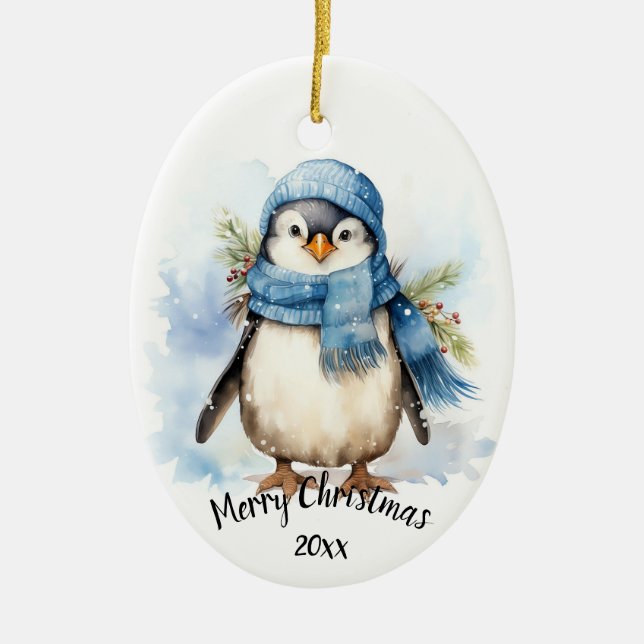 Anpassningsbar Dated Cute Winter Penguin Bird-jul Julgransprydnad Keramik (Framsidan)