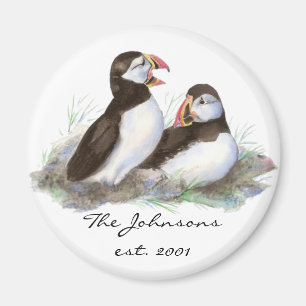 Anpassningsbar Dated Family Monogram Cute Puffins Magnet