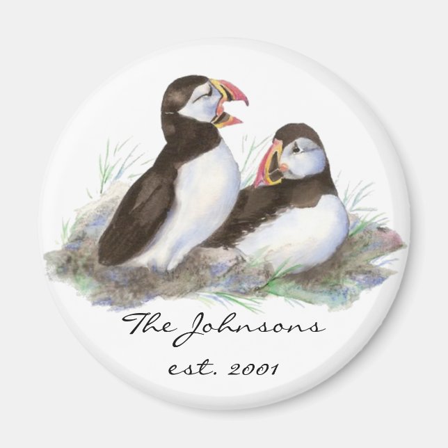 Anpassningsbar Dated Family Monogram Cute Puffins Magnet (Framsidan)