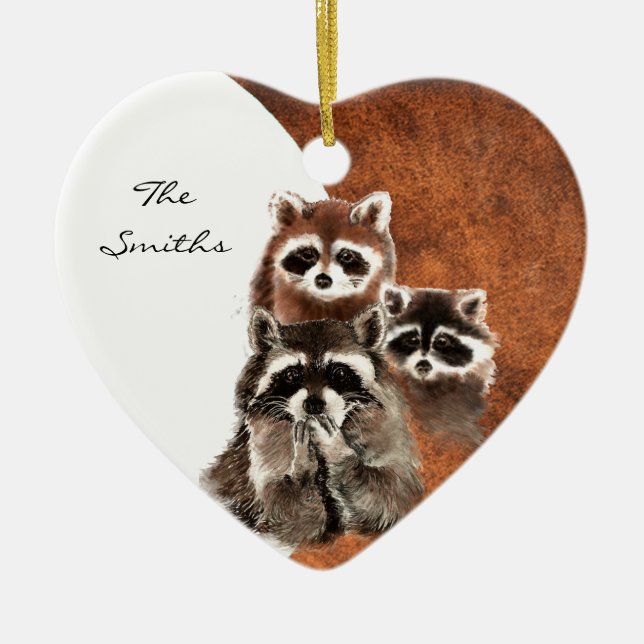 Anpassningsbar Dated Family Monogram, Raccoon Anim Julgransprydnad Keramik (Framsidan)