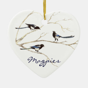 Anpassningsbar Dated, Magpie Family, Birds Julgransprydnad Keramik