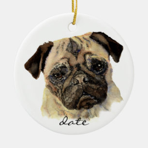 Anpassningsbar Dated, Pug, Pet, Hund, Animal Julgransprydnad Keramik
