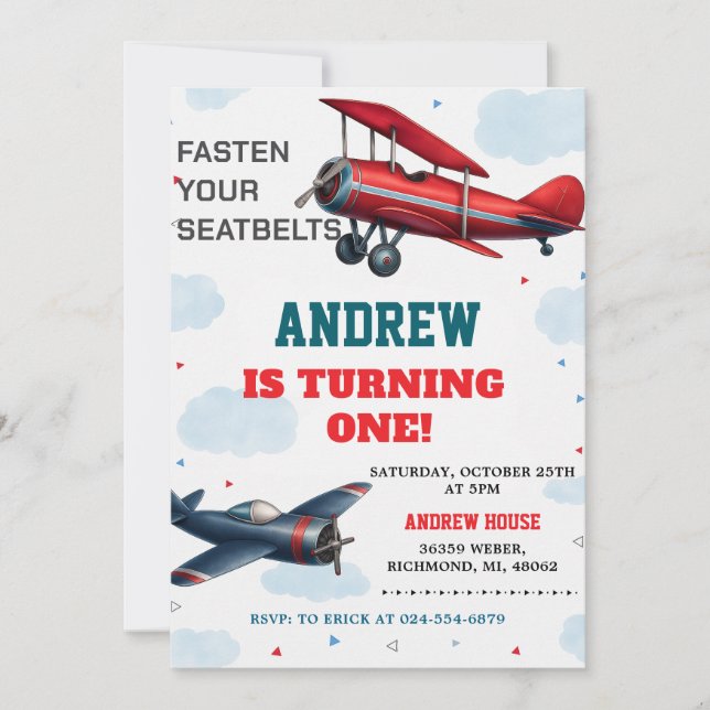 Anpassningsbar Digital Airplan Boy 1:a födelsedage Inbjudningar (Framsida)