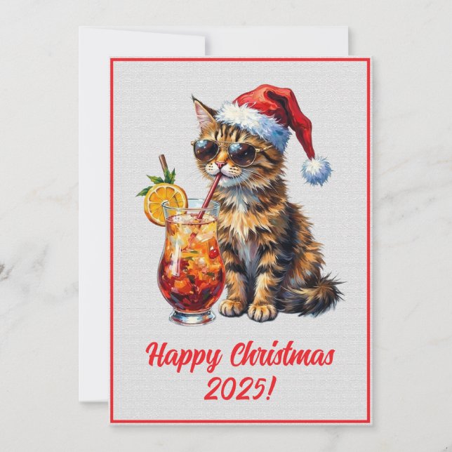 Anpassningsbar Digital Jul Cool Cat Cocktail Xmas Kort (Framsida)