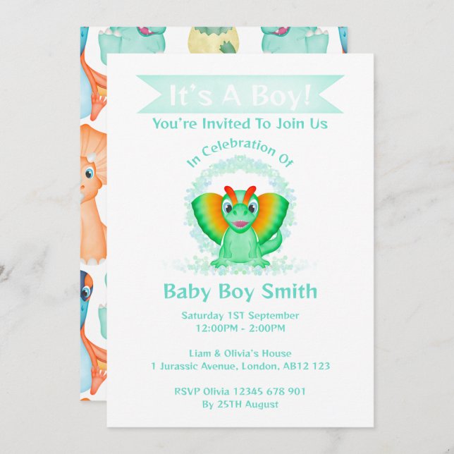 Anpassningsbar Dino Watercolor Dinosaur Boy Shower Inbjudningar (Fram/baksida)