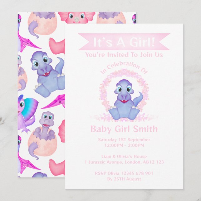 Anpassningsbar Dino Watercolor Dinosaur Girl Baby  Inbjudningar (Fram/baksida)