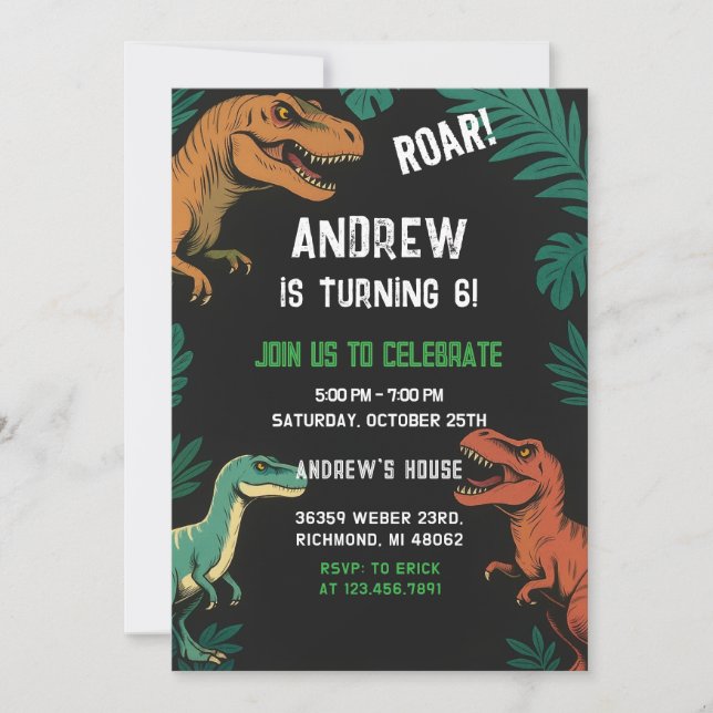 Anpassningsbar Dinosaur T-Rex Party födelsedag Inbjudningar (Framsida)